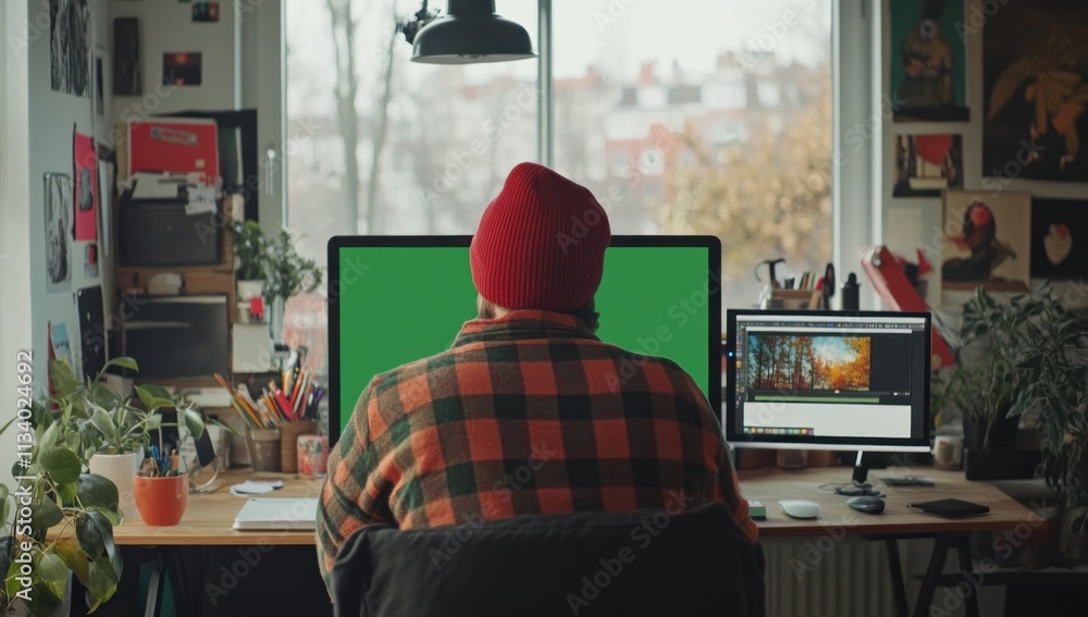 Poster person in beanie working at home office with two monitors, one displaying a green screen, the other 