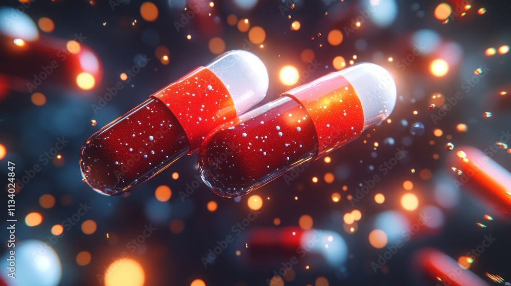 Poster two red and white capsules floating amidst a colorful background of particles.