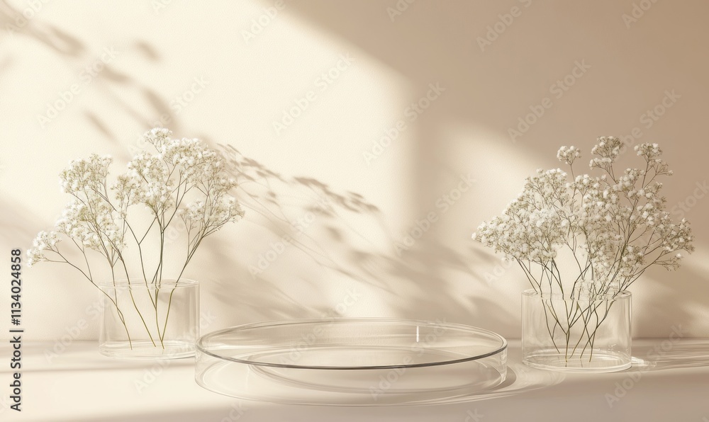 Poster minimalist product display with glass platform and flowers.