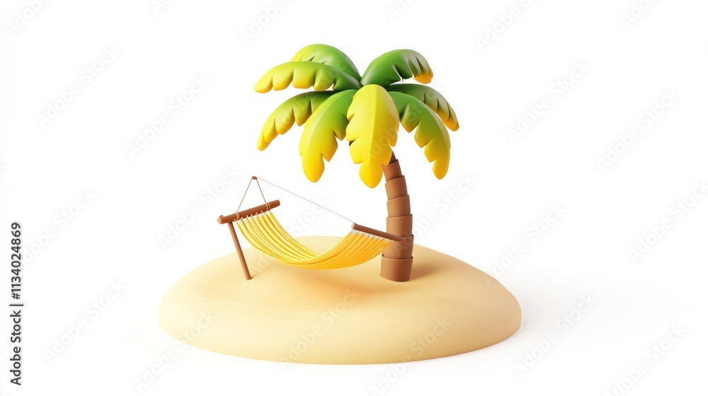 Poster 3d render of a yellow hammock under a palm tree on a small island. (1)