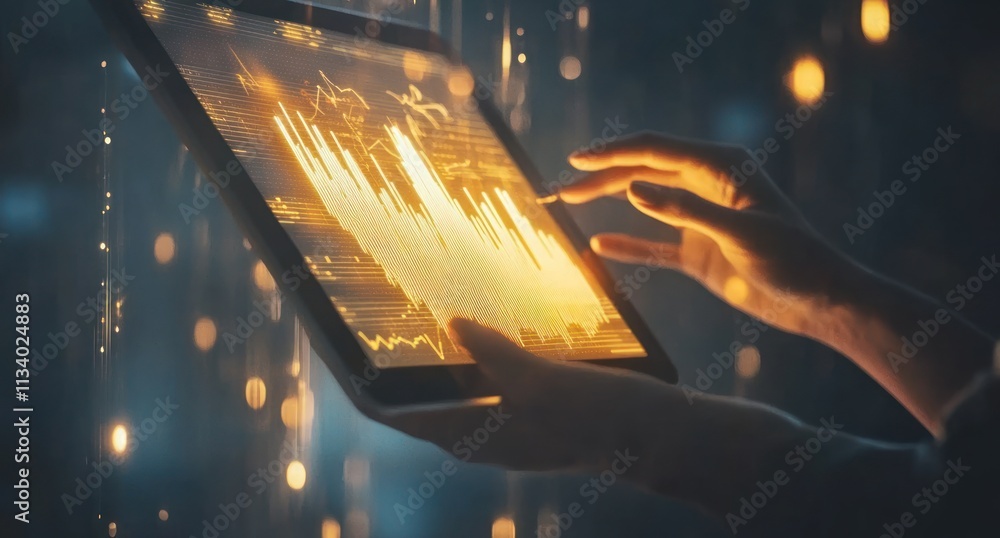 Leinwandbilder hands using tablet showing financial data charts and graphs.
