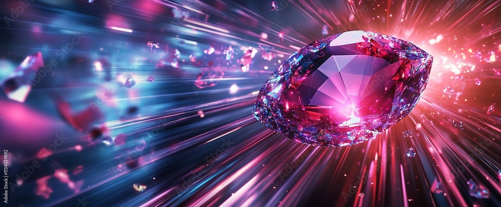 Poster a vibrant, sparkling gemstone surrounded by dynamic light effects.