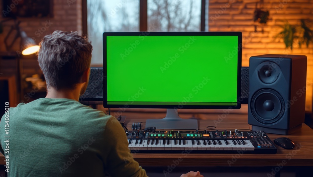 Poster Man working at home studio with green screen computer.