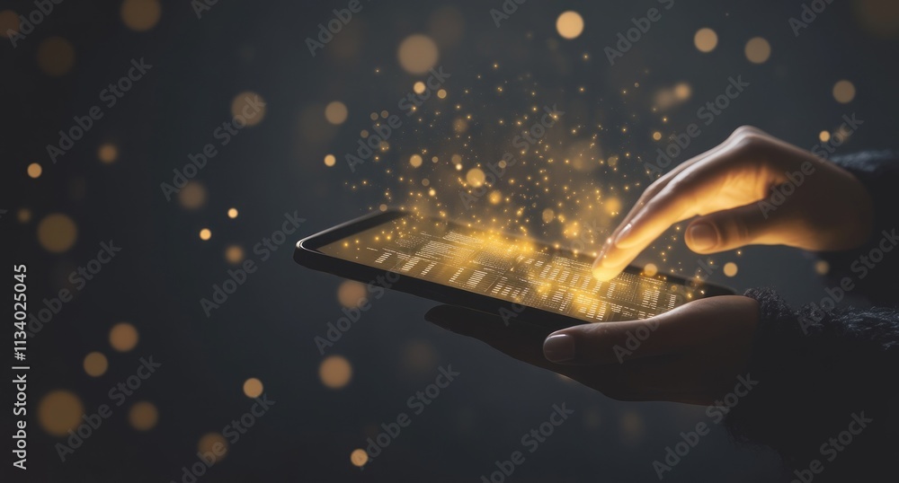 Aufkleber hands using a tablet with magical golden light sparks.