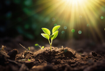 Seedling Growing in Sunlit Soil
