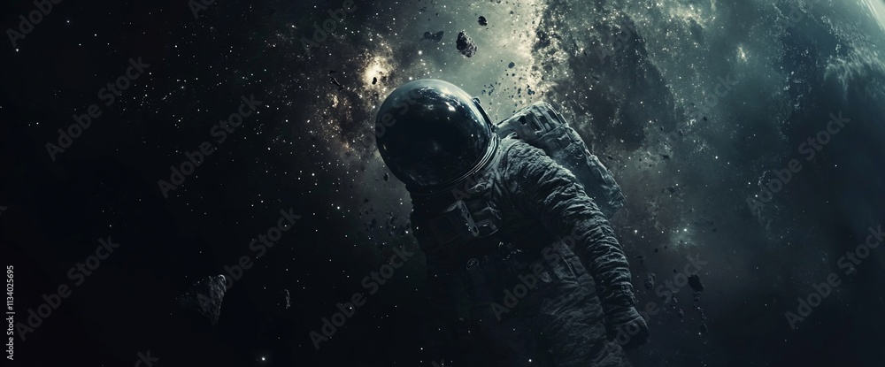 Poster An astronaut floats in space, surrounded by stars and cosmic elements.