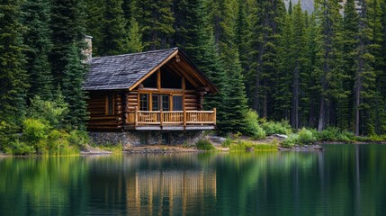 Wooden cabin on a serene lake shore, nestled amidst towering pines. 