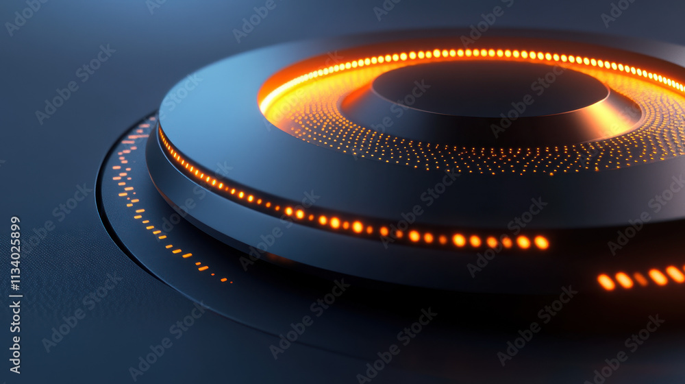 Poster this design features a series of concentric circles illuminated by vibrant orange lights against a d