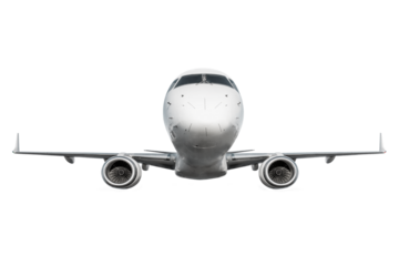 Front view of the white passenger plane flying isolated