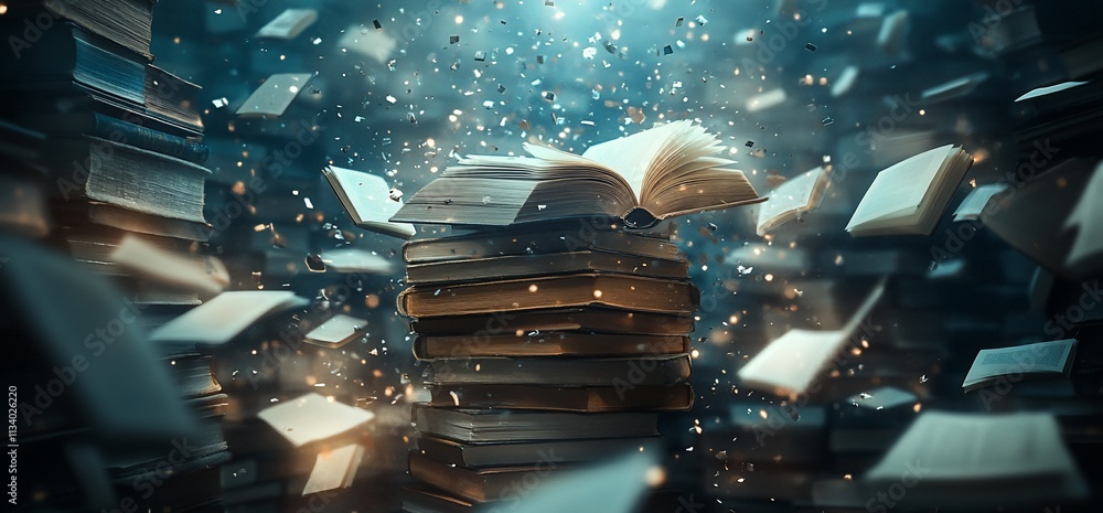 Aufkleber An open book surrounded by floating pages and glowing particles.
