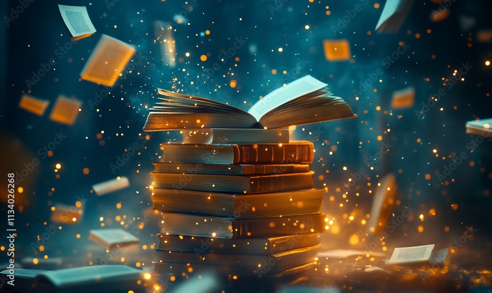 Poster An enchanting scene of floating books and magical sparks in a mystical setting.