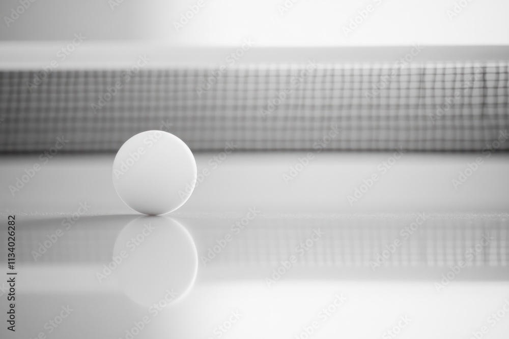 Aufkleber Close-up of a ping pong ball on a reflective table, with a blurred ping pong net in the background.