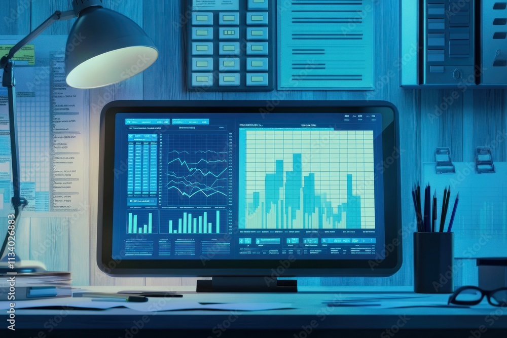 Leinwandbilder Night desk with computer displaying data graphs and charts.