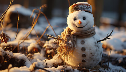 Winter celebration Smiling snowman decorates outdoors, bringing joy and cheer 