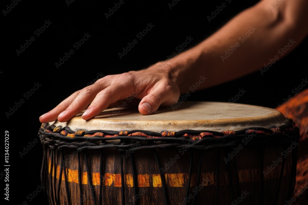 Poster close-up of a hand gently resting on a djembe drum.