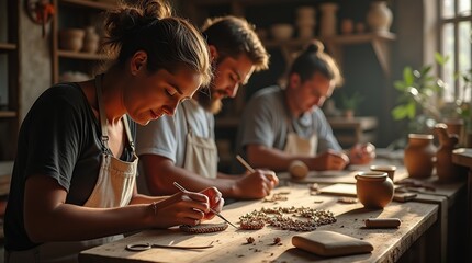 Fototapeta premium Local Artisans Skillfully Crafting Unique Pieces in a Sunlit Workshop