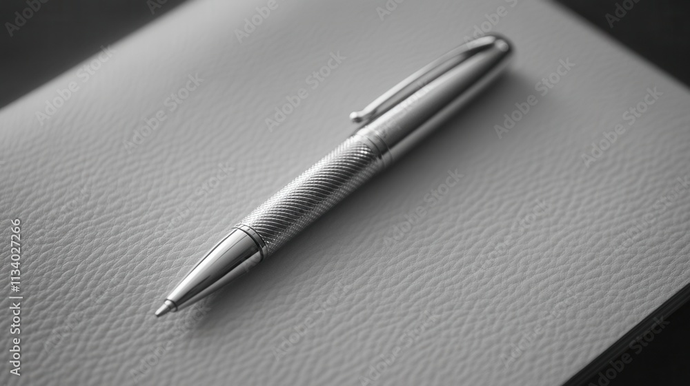 Poster writing action with a silver pen on a blank notebook minimalist environment close-up view for creati