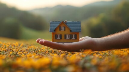Dream Home in a Golden Meadow: A Miniature House Resting Gently on an Open Palm, Surrounded by a Vibrant Field of Yellow Flowers, Against a Serene Landscape
