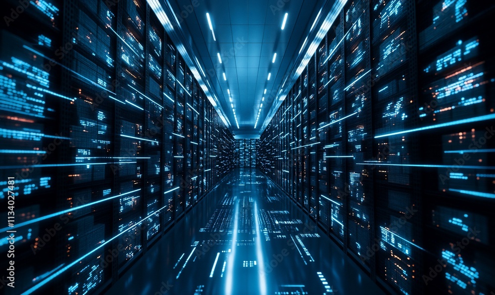 Poster futuristic data center corridor with glowing server racks and digital displays.