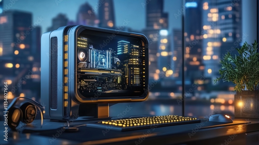 Poster high-tech gaming setup with futuristic computer and keyboard in a modern office overlooking a city s
