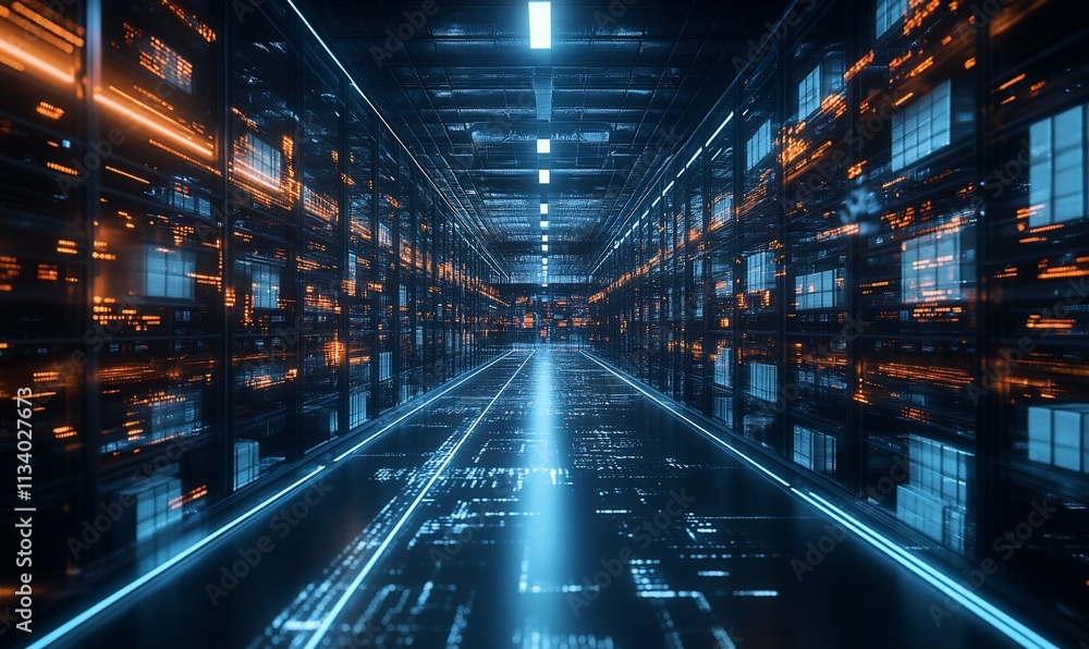 Aufkleber futuristic data center with illuminated pathways and digital elements.