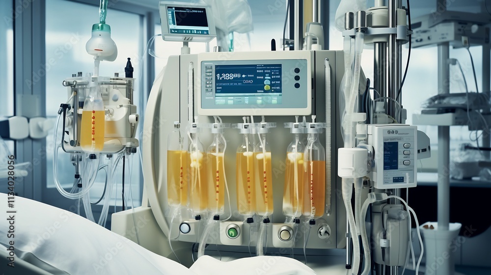 Aufkleber detailed view of an intricate dialysis setup featuring complex tubing and fluid dynamics showcasing 