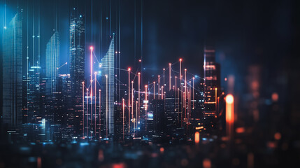 Fototapeta premium Smart digital Innovation city with connection network reciprocity over the cityscape. of future smart wireless digital city and social media networking systems that connects people with in city