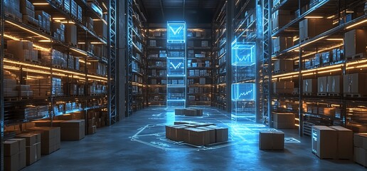 Futuristic warehouse with digital displays and stacked boxes.