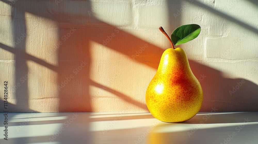 Aufkleber a vibrant pear with a leaf, illuminated by soft light and casting shadows on a surface.
