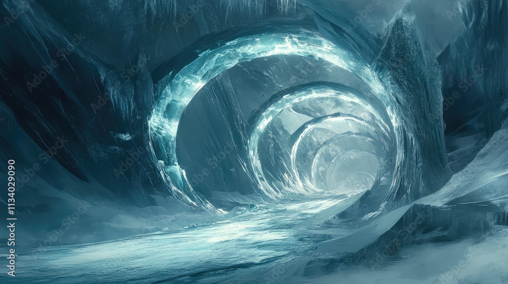 Poster a tunnel-like structure inside an iceberg, with smooth ice walls and intricate frozen patterns, lead