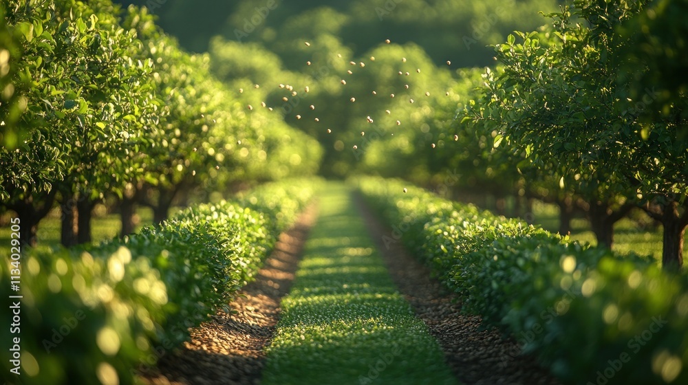 Poster sunlit orchard path with bees in heart shape.