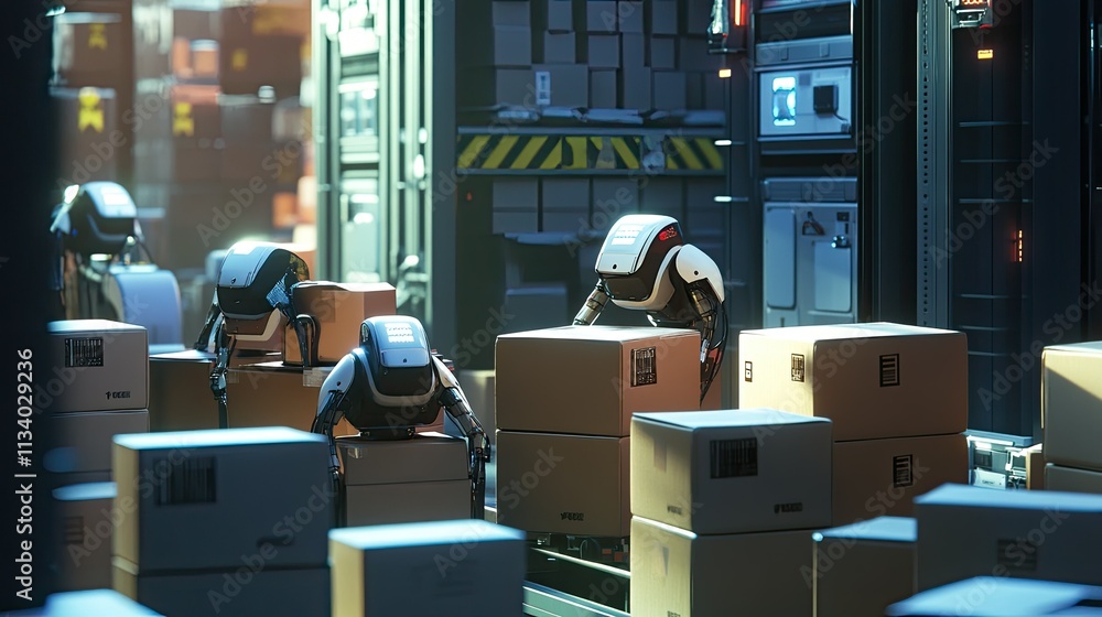 Poster robots in a futuristic warehouse handling cardboard boxes efficiently