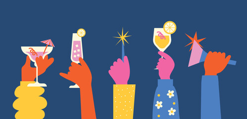 Festive Hands Holding Drinks and Party Items with Bold Colors and Playful Illustration