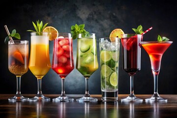 Painting of a row of cocktails with different drinks in them generative ai