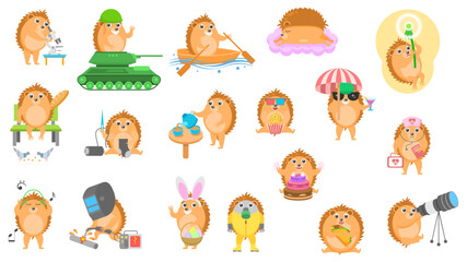 Obraz premium Set Abstract Collection Flat Cartoon Different Animal Hedgehogs Vector Design Elements Fauna Wildlife