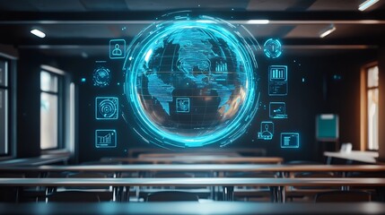 Obraz premium Digital Globe Displaying Futuristic Holographic Data Visualizations in a Sleek Modern Classroom