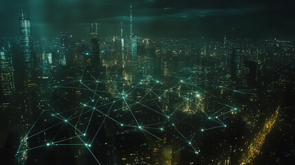 Obraz premium Smart digital Innovation city with connection network reciprocity over the cityscape. of future smart wireless digital city and social media networking systems that connects people with in city