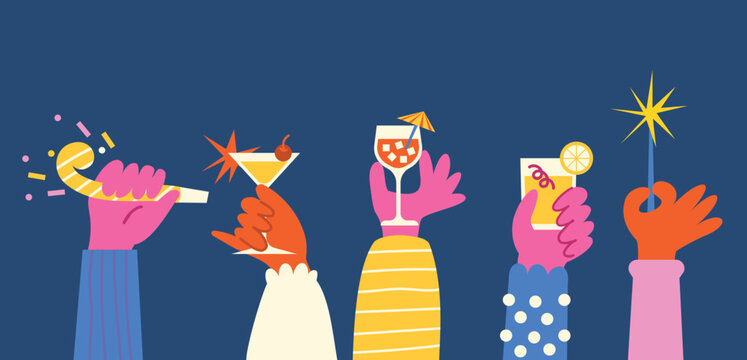 Festive Hands Holding Drinks and Party Items with Bold Colors and Playful Illustration