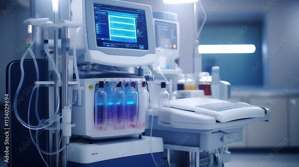 Poster detailed and clean image of a dialysis machine and associated tubing setup prepared for localized me