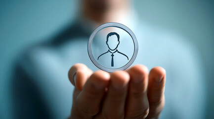 Businessman holding in hand a virtual human icon. Perfect candidate concept.