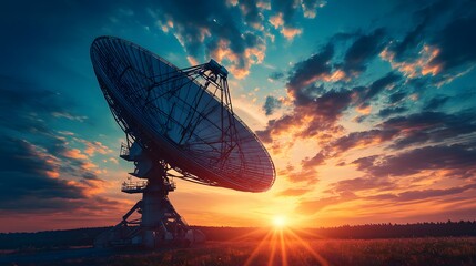 Radio Telescope Silhouette at Sunset Over Field