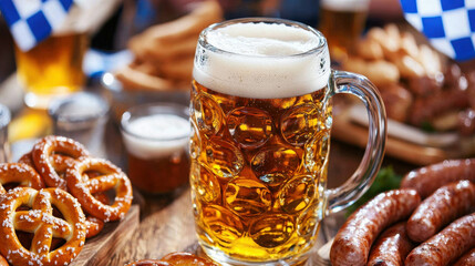 Vibrant Oktoberfest Scene with Filled Beer Stein and Traditional Snacks