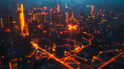 Obraz premium Smart digital Innovation city with connection network reciprocity over the cityscape. of future smart wireless digital city and social media networking systems that connects people with in city
