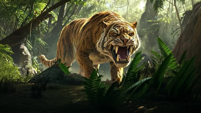 The Tiger's Roaring Presence: A majestic Bengal tiger, with its teeth bared in a fierce roar, stands amidst a lush jungle, radiating power and primal intensity. Its presence demands respect.
