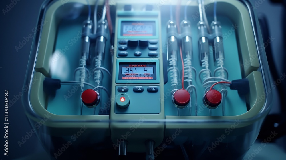 Aufkleber close up view of the complex dials and display panels of a state of the art dialysis machine used fo