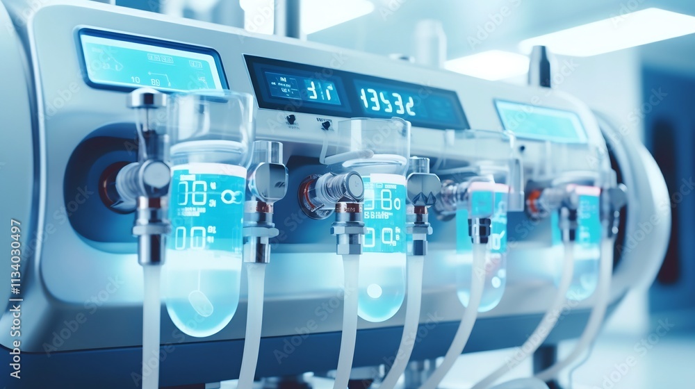 Aufkleber closeup view of dialysis machine dials displaying vital readings and monitoring settings during a lo