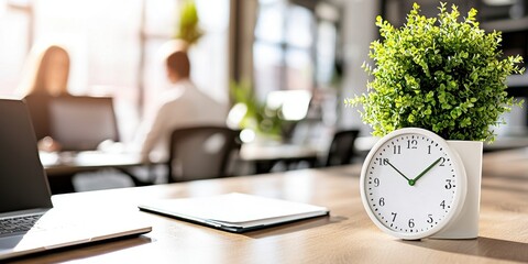 Organizing time and productivity office desk scene with clock and plant modern workspace bright environment creative concept