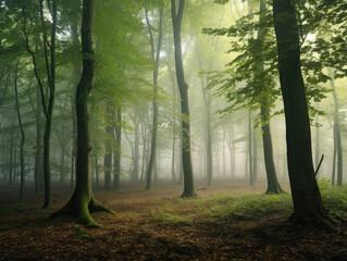 Obraz premium Enchanting Misty Forest Scene in Tranquil Morning Light