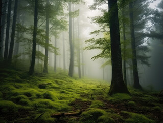 Obraz premium Enchanting Misty Woods in Ethereal Morning Light