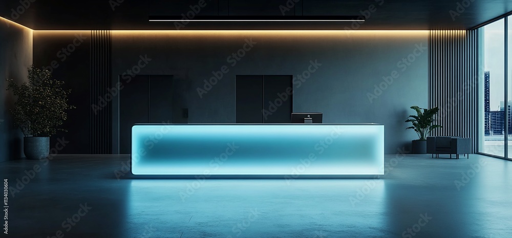 Poster modern reception area with a glowing desk and minimalist design.